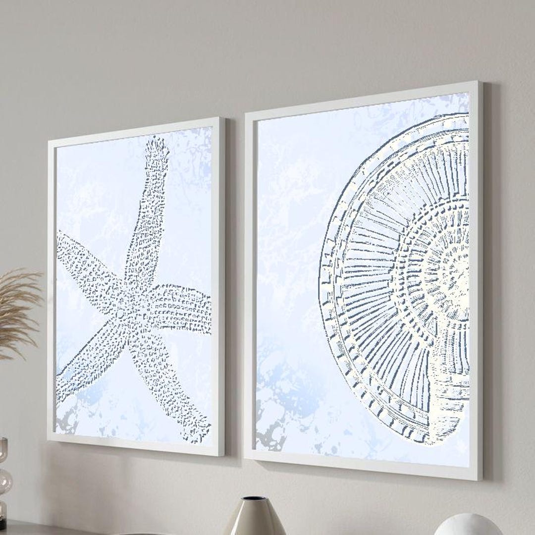 Marble Blue Starfish and Seashell Print Set, Coastal Beach House Decor ...