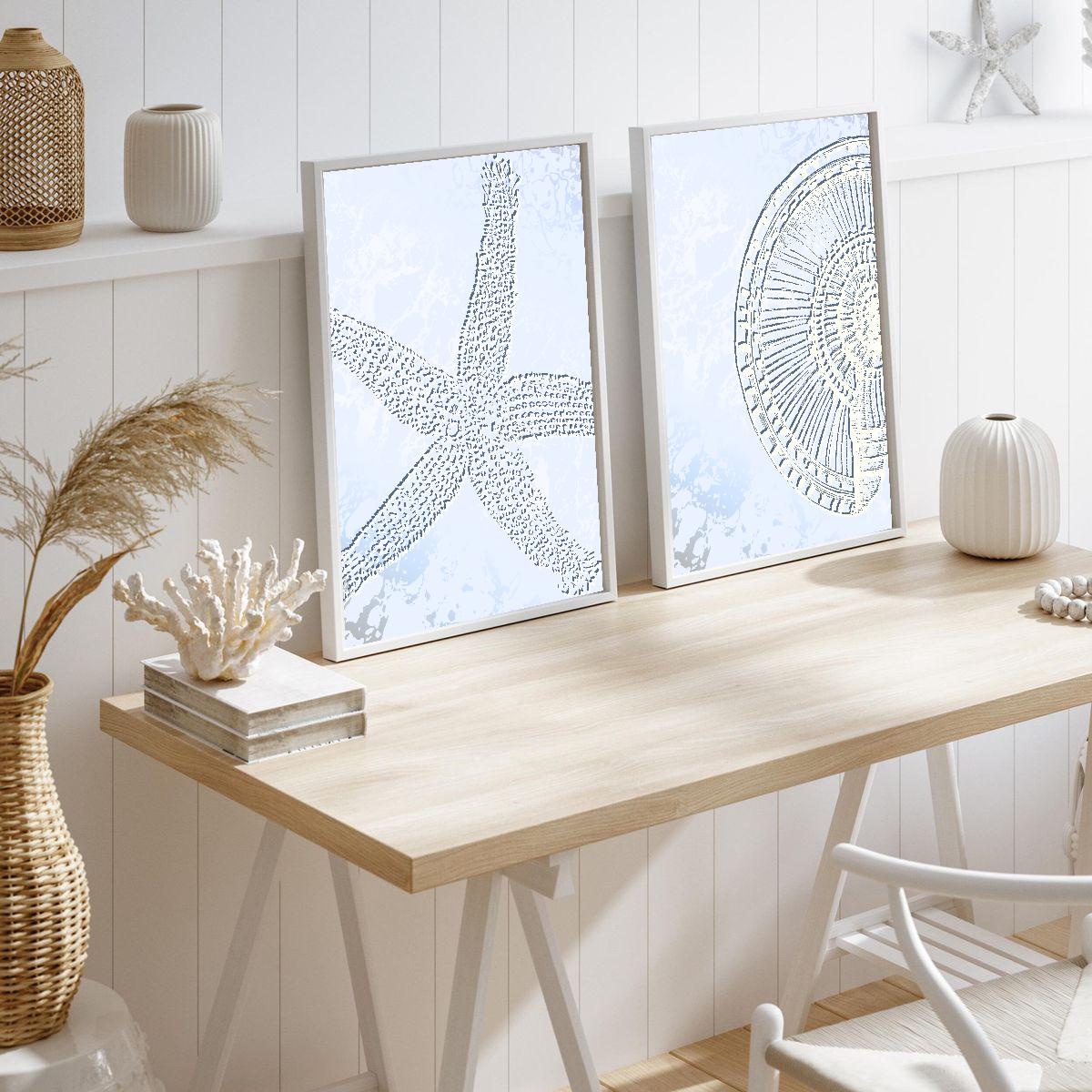 Marble Blue Starfish and Seashell Print Set, Coastal Beach House Decor ...