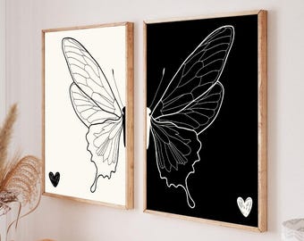 Butterfly Art Print Set: Minimalist Black and White Wall Decor (Digital Download)