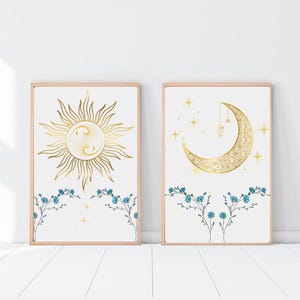 Sun and Moon Celestial Wall Art Set: Boho Gold Line Art (Digital Download)