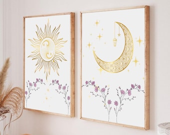 Sun & Moon Celestial Wall Art: Gold Floral Boho Decor (Digital Download)