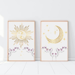 Sun & Moon Celestial Wall Art: Gold Floral Boho Decor (Digital Download)