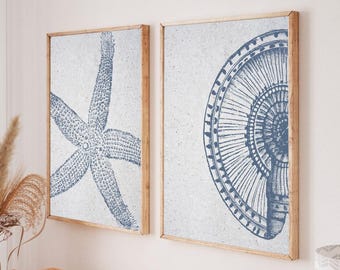 Coastal Beach House Art Set: Navy Starfish & Seashell Prints (Digital Download)
