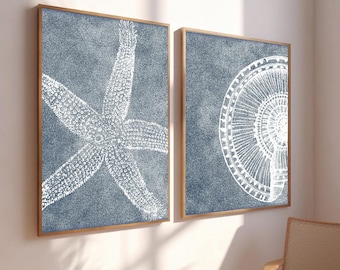 Navy Starfish & Seashell Print Set: Coastal Beach House Decor (Digital Download)