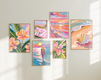 Coastal Wall Art Set: Tropical Beach Prints, Pink Sunset (Digital Download, 6-Piece Set)