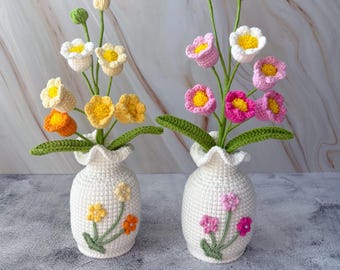 Handgemaakte gehaakte bloemen afgewerkt, witte gehaakte bloemen in vaas met geschenkdoos, gehaakte paardebloem, lelietje-van-dalen, cadeau voor haar/moeder