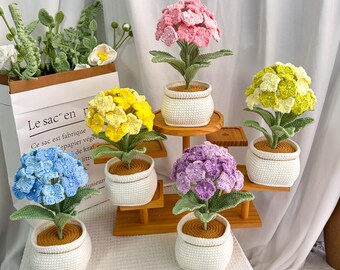 Crochet Flower in Pot, Crochet Hydrangeas Potted Plants, Crochet Plants, Crochet Pink/Blue/Green/Yellow/Purple Hydrangeas, Gift for Her