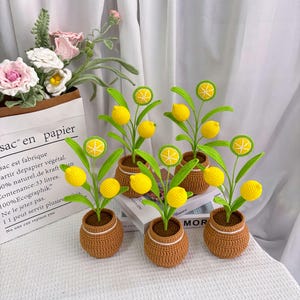 Puede incluir: Plantas de limón de ganchillo con limones amarillos y hojas verdes en macetas marrones. Las plantas están dispuestas sobre una superficie blanca. Una bolsa de papel con texto en francés está en el fondo, junto con flores de ganchillo.