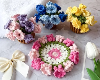 Handmade Crochet Flower Coaster with Basket Set,Crocheted lily of the valley coaster, handmade gift, Crochet Coaster, Gift For Mom,Cute gift