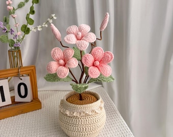May include: A handcrafted crochet floral arrangement. It features pink flowers, green leaves, and brown stems, all set in a cream-coloured crocheted pot. The flowers have detailed petal designs. The pot has a decorative lace trim.