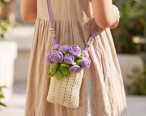 3D Handmade Crochet Rose Bouquet Bag, Floral Flower Basket Purse