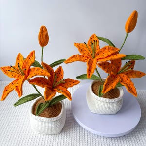 May include: Two crocheted tiger lilies in white square pots. The orange flowers have black spots and green leaves. The pots are sitting on a white surface. The flowers are handmade.