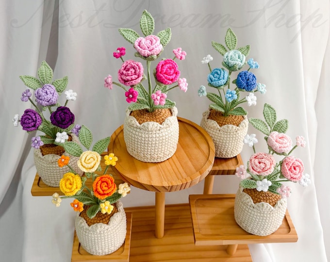 Crochet Flower in Pot, Crochet Rose Potted Plant, Desk Decoration, Room Decoration, Handmade flower,  Mother Daughter Gifts, Gift for her