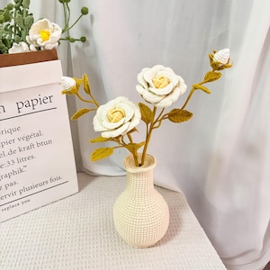 Könnte beinhalten: Eine cremefarbene gehäkelte Vase hält einen Strauß weißer und gelber gehäkelter Rosen mit grünen und gelben Blättern. Die Vase und die Blumen stehen vor einem weißen Hintergrund. Im Hintergrund befindet sich eine Papiertüte mit französischem Text.