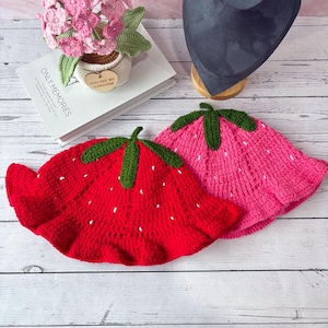 Strawberry Crochet Hat, Crocheted Berry Hat with Ruffled Brim Hat, Cute Red/Pink Bucket Hat for Women & Girls, Handmade Hat, Gift for Her