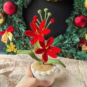 Peut inclure: Une composition florale rouge en crochet dans un pot de couleur crème. La composition florale est placée devant une couronne de Noël verte.