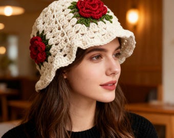 Rose Crochet Hat, Crocheted Rose Flower With Ruffled Brim Hat