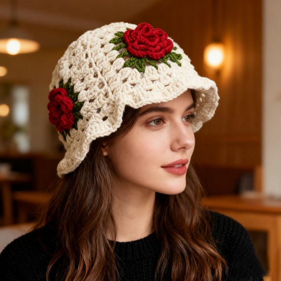 Rose Crochet Hat, Crocheted Rose Flower With Ruffled Brim  display picture 3