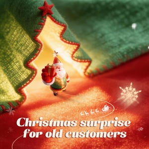 Pode incluir: Uma cena de Natal festiva com um pequeno Papai Noel segurando uma caixa de presente. A imagem inclui um design de árvore de Natal verde e vermelho com uma estrela no topo. O texto diz "Surpresa de Natal para os antigos clientes."