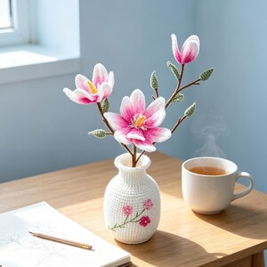 May include: A handmade crochet magnolia flower arrangement in a white vase. The pink and white flowers have yellow centers and are arranged with green leaves on brown stems. A cup of tea and a notepad with a pencil are on the wooden table.