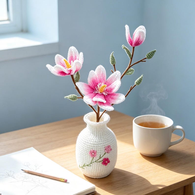 May include: A handmade crochet magnolia flower arrangement in a white vase. The pink and white flowers have yellow centers and are arranged with green leaves on brown stems. A cup of tea and a notepad with a pencil are on the wooden table.