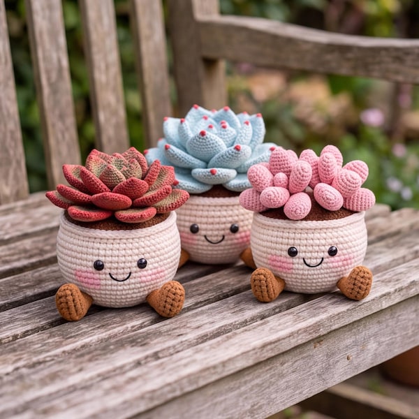 Linda planta suculenta de ganchillo, decoración kawaii para escritorio, maceta con carita sonriente, regalo para amantes de las plantas