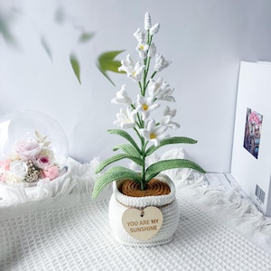 Può includere: Una composizione floreale all'uncinetto fatta a mano in un vaso bianco. I fiori bianchi hanno centri gialli, foglie verdi e un'etichetta a forma di cuore in legno che dice "YOU ARE MY SUNSHINE". Il vaso è su una superficie bianca.