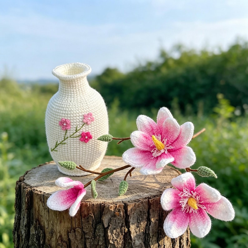 May include: A cream-colored, crocheted vase with pink floral accents stands on a tree stump next to crocheted pink and white magnolia flowers. The flowers have yellow centers and green buds. The background is a blurred green field.