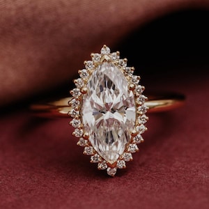 Marquise Moissanite & Lab-Grown Diamond Ring | 14K Gold | Ethical Jewelry | Brilliant Three-Stone Design | Elegant Engagement Ring