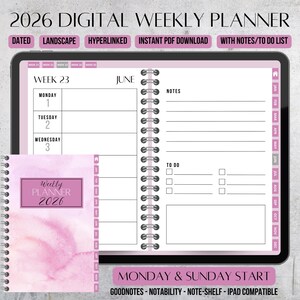 Könnte beinhalten: Digitaler Wochenplaner für 2026 mit rosa-weißem Aquarelldesign. Der Planer ist datiert, im Querformat und mit Hyperlinks versehen, mit sofortigem PDF-Download. Er enthält Notizen und To-Do-Listen-Abschnitte. Der Text auf dem Cover lautet "Weekly Planner 2026".
