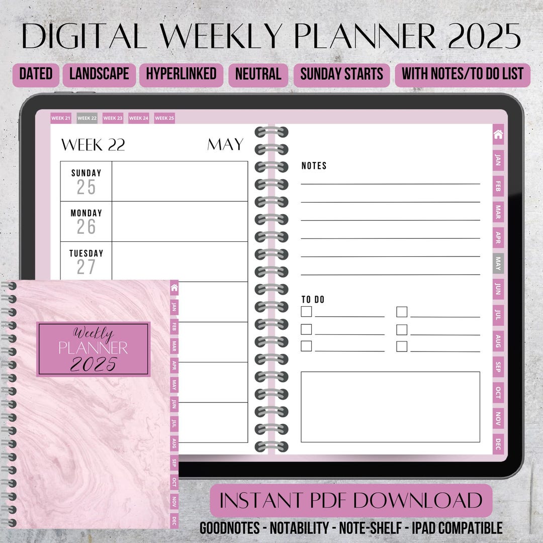 Digital Dated Weekly Planner 2025 | Landscaped | Hyperlinked | Pink ...