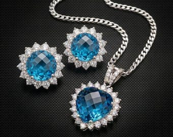 Set di gioielli in argento sterling 925 con topazio blu svizzero, ciondolo e orecchini in topazio blu naturale, pietra portafortuna di dicembre, regalo per lei.