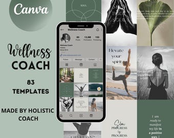 Può includere: Un collage di immagini che promuovono un coach di benessere con il testo "Wellness Coach" e "83 Templates" in uno schema di colori verde e bianco. Il collage include immagini di natura, yoga e citazioni ispiratrici.
