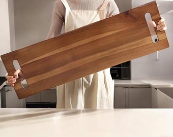 Tagliere extra large in bambù con manico, ceppo rettangolare e vassoio per snack, perfetto per feste, attività all'aperto e come regalo.
