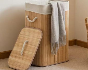 Cesto portabiancheria pieghevole in vimini con manici – Cesto decorativo in legno per vestiti sporchi, organizer portaoggetti adatto ai bambini