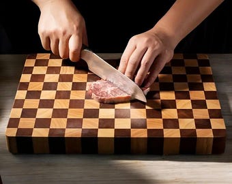 Tagliere in legno a scacchiera – Ceppo da macellaio per carne, verdura e frutta, tagliere per formaggi e salumi, idea regalo perfetta.