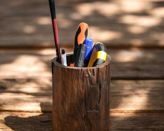Organizer da scrivania in legno naturale con piano rotondo - Intaglio tradizionale, supporto durevole per cancelleria e forniture per ufficio - Elegante accessorio da scrivania