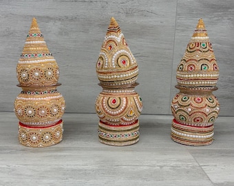 Maceta de boda Gujarati Var Bedu – Lota de cobre real con coco decorativo / Kalash de bienvenida del novio / Decoración mandap india