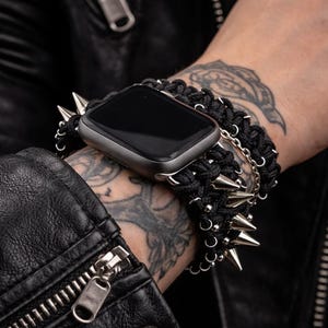 Pulsera Punk Silver Spike para Apple Watch, Correa de Apple Watch de paracord negro estilo rock gótico grunge para Apple Watch