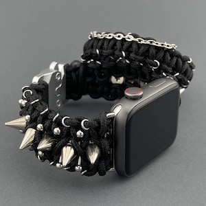 Punk Silver Spike Bracelet for Apple Watch Moto Boho Style, Black Paracord Apple Watch Band Rock Style Gothic Style Grunge Apple Watch Strap