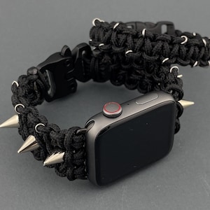 Punk Silver Spike Bracelet for Apple Watch Moto Boho Style, Black Paracord Apple Watch Band Punk Style Gothic Style Grunge Apple Watch Strap