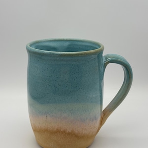 Tall Sand and Sea Mug, wheel thrown mug, UK made, Seascape mug, coffee cup, tall tea mug, 350ml mug, handmade clay cups, drip glaze mug