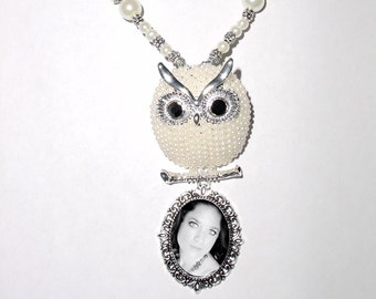 Hootie Owl Rearview Mirror Memorial Photo Metal Charm Silver Owl White Pearls Crystal Gems Tibetan Beads - FREE SHIPPING