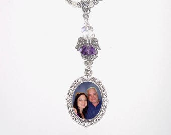 Rearview Mirror Memorial Photo Charm Purple Awareness Heavenly Angel Crystals Gems Diamonds Pearls Silver Tibetan Beads - FREE SHIPPING