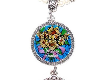 Wedding Bouquet or Rearview Mirror Memorial Photo Print of SGA Artwork - Pink Ribbons & Sunflowers - You Are My Sunshine - FREE SHIPPING