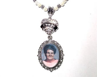 Wedding Bouquet Memorial Photo Charm Nana Heart Clear Crystals Pearls Silver Tibetan Beads - FREE SHIPPING