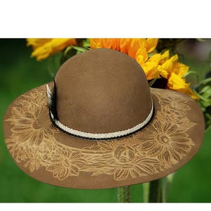 Wildflower Engraved Wide-Brim Women&#39;s Hat – Chocolate Brown Boho Chic – Medium – FREE SHIPPING