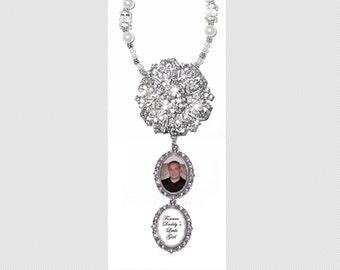 Wedding Bouquet Photo Memorial Double Charm with Your Text Timeless Old World Crystal Gems Pearls Silver Tibetan Beads - FREE SHIPPING