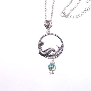 Mermaid Pendant Necklace Antiqued Silver Translucent Ocean Sea Blue Crystal Charm with 18"  Chain - FREE SHIPPING