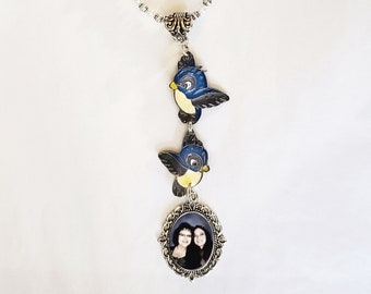 Wedding Bouquet Memorial Photo Charm Blue Birds Enamel Crystals Pearls Silver Tibetan Beads - FREE SHIPPING